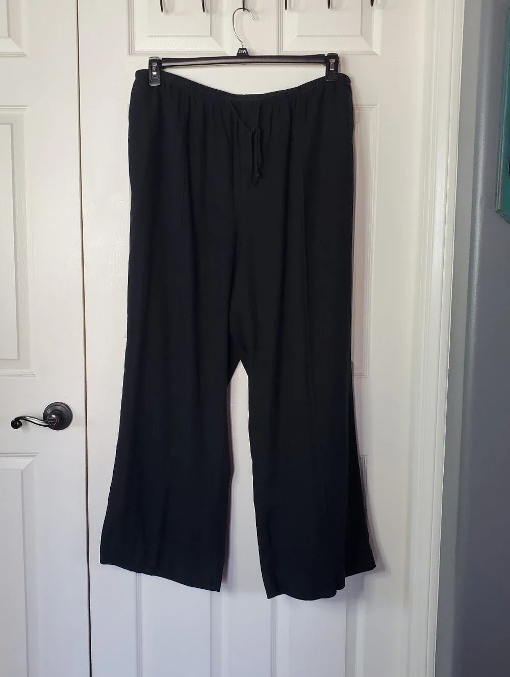 Black Elastic Waist Wide-Leg Pants Linen Blend Comfort Flowy Pull-on Pockets XXL